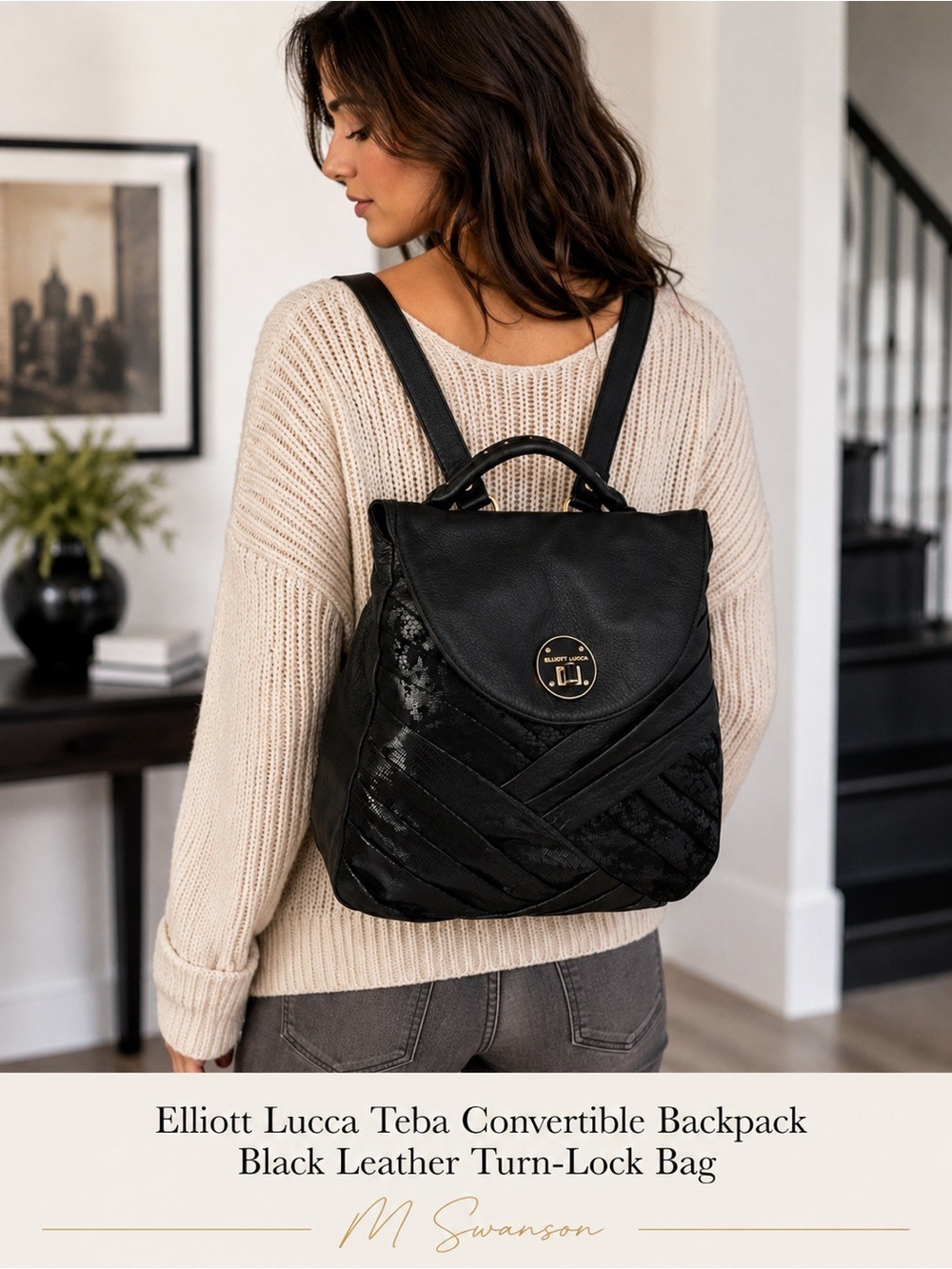 Elliott Lucca Teba Convertible Backpack – Black Leather and Gold Chain Strap